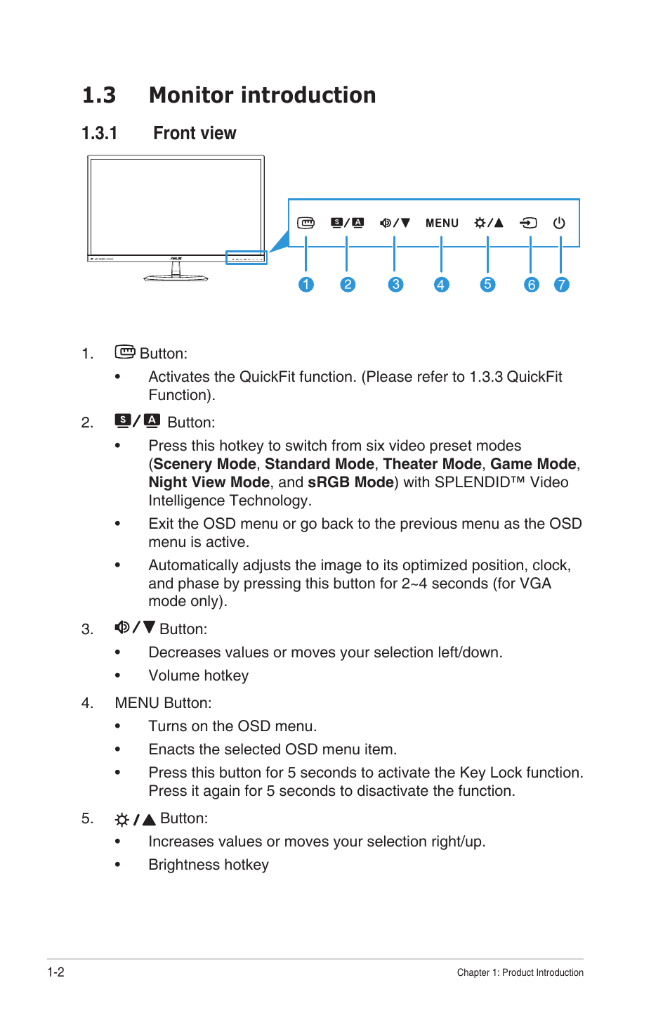 3 monitor introduction, 1 front view, Monitor introduction -2 1.3.1 | Front view -2 | Asus VX279Q-W User Manual | Page 9 / 26