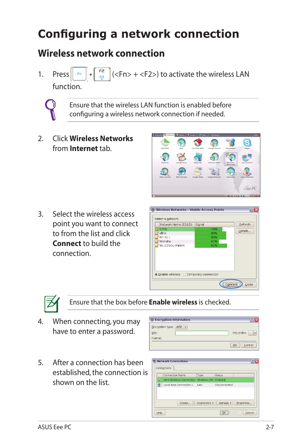 Configuring a network connection, Wireless network connection | Asus Eee PC 1002HA/Linux User Manual | Page 27 / 80