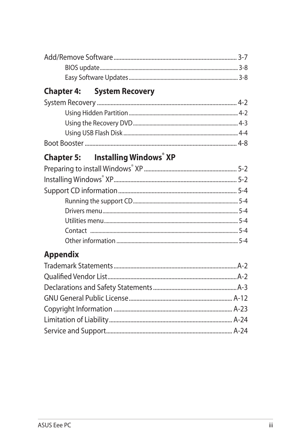 Chapter 4: system recovery, Chapter 5: installing windows, Appendix | Asus Eee PC 1002HA/Linux User Manual | Page 3 / 80