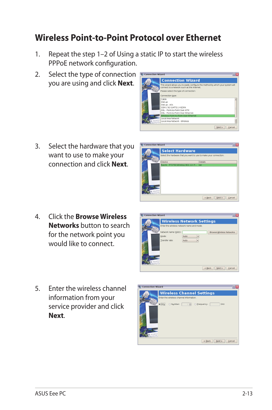 Wireless point-to-point protocol over ethernet | Asus Eee PC 1002HA/Linux User Manual | Page 33 / 80