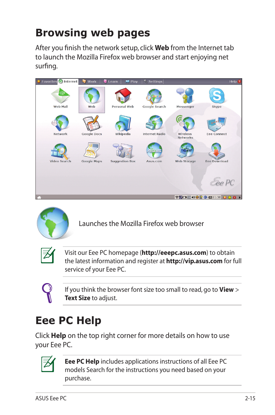 Browsing web pages, Eee pc help | Asus Eee PC 1002HA/Linux User Manual | Page 35 / 80