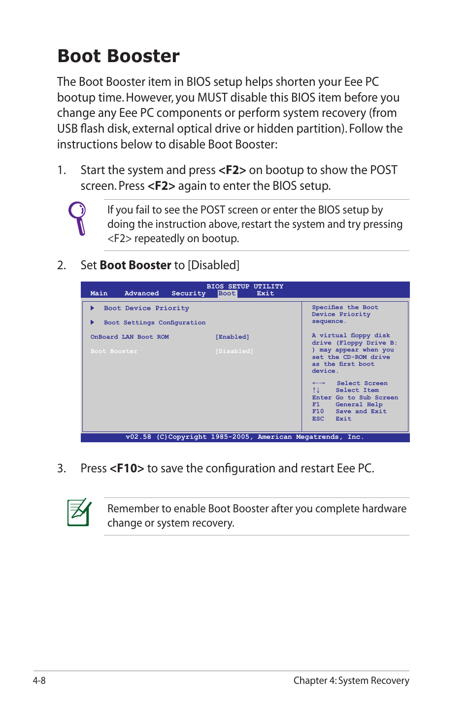 Boot booster, Set boot booster to [disabled, 8 chapter 4: system recovery | Asus Eee PC 1002HA/Linux User Manual | Page 52 / 80