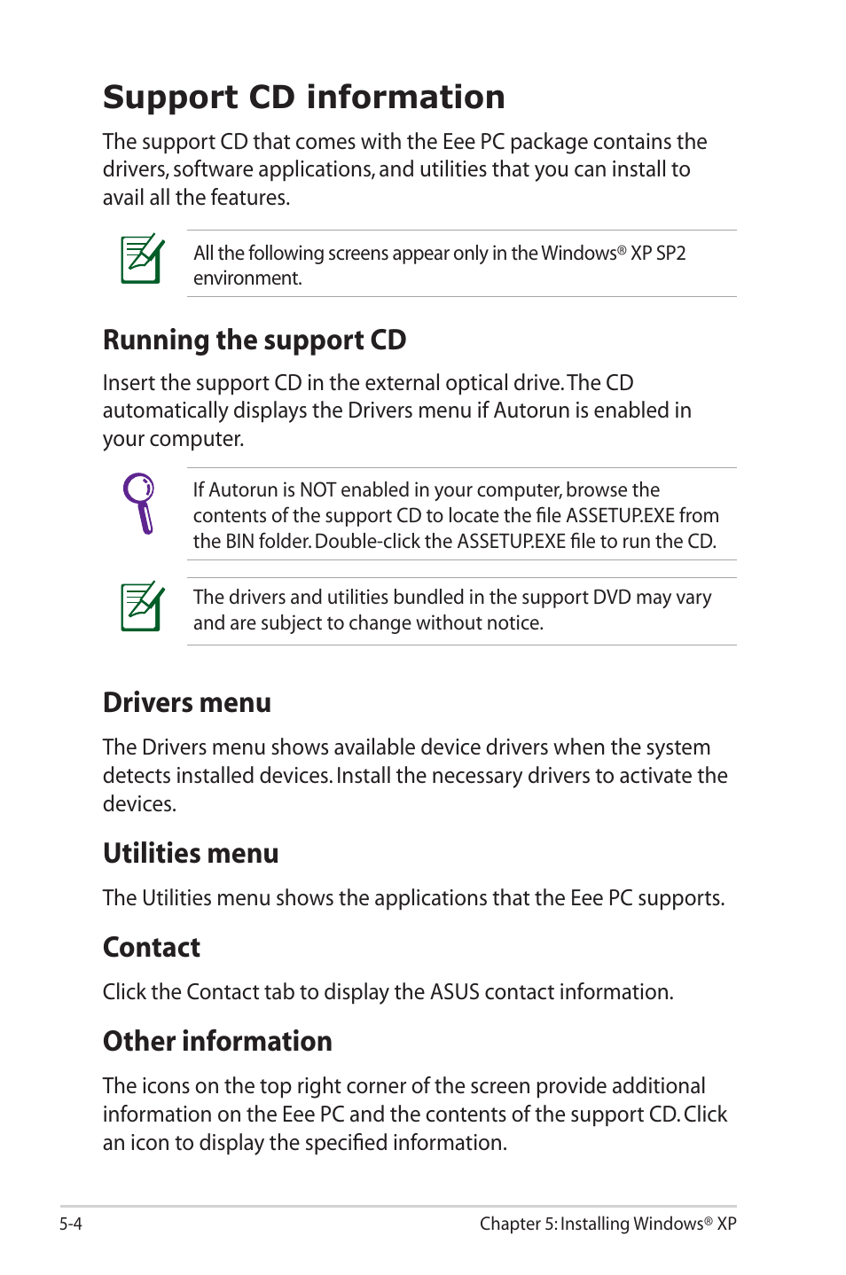 Support cd information, Running the support cd, Drivers menu | Utilities menu, Contact, Other information | Asus Eee PC 1002HA/Linux User Manual | Page 56 / 80