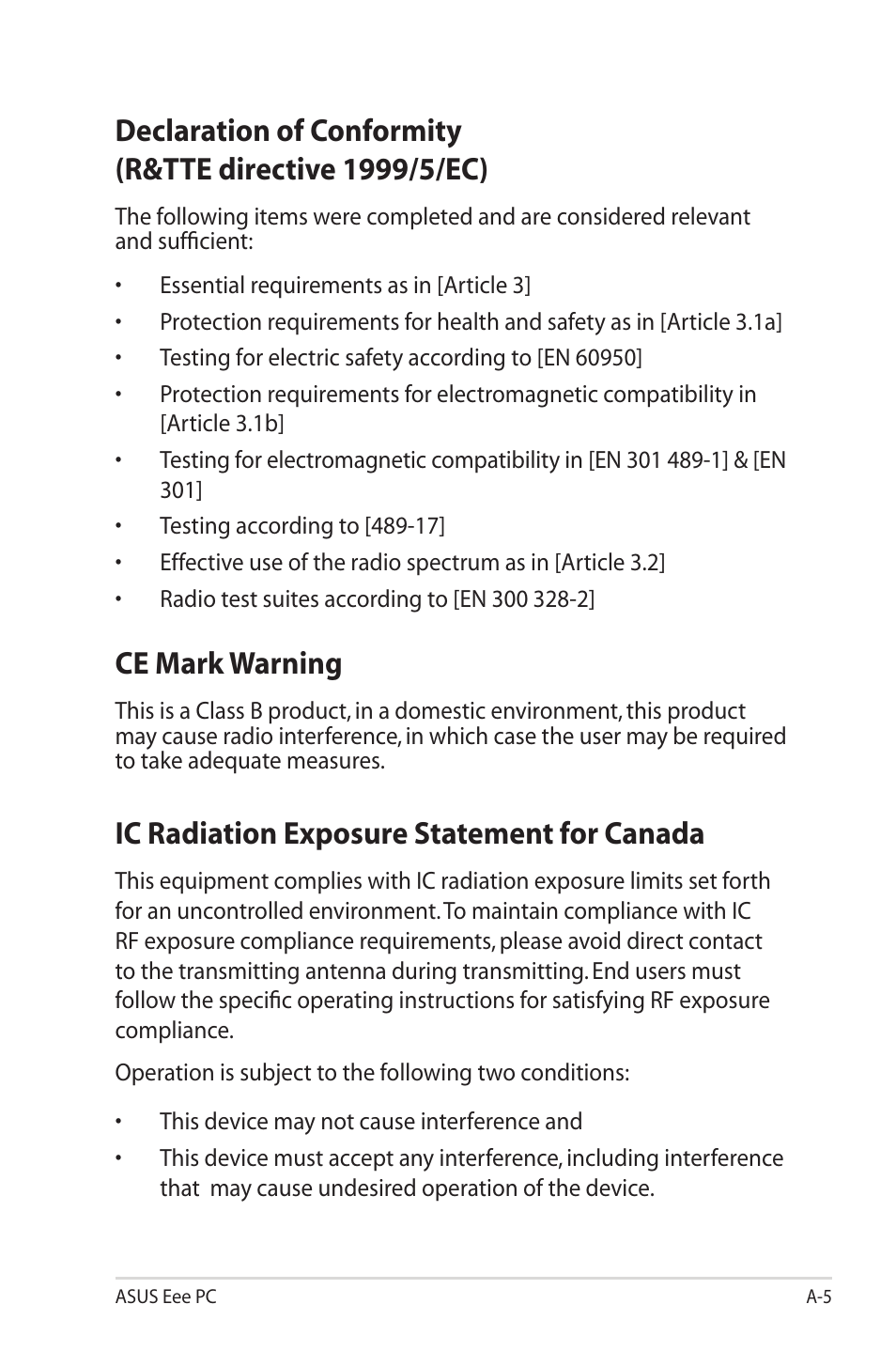 Ce mark warning, Ic radiation exposure statement for canada | Asus Eee PC 1002HA/Linux User Manual | Page 61 / 80