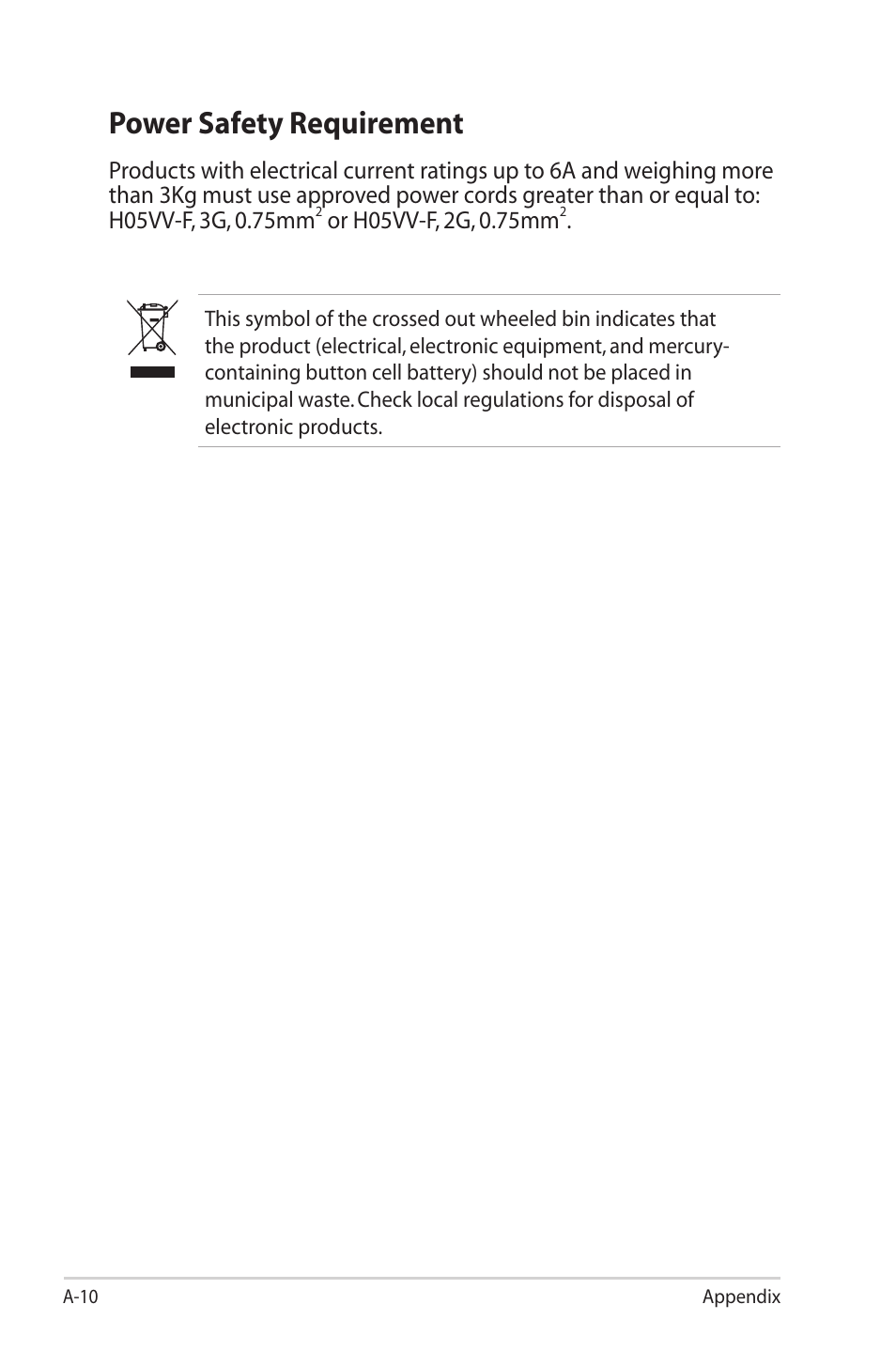 Power safety requirement | Asus Eee PC 1002HA/Linux User Manual | Page 66 / 80