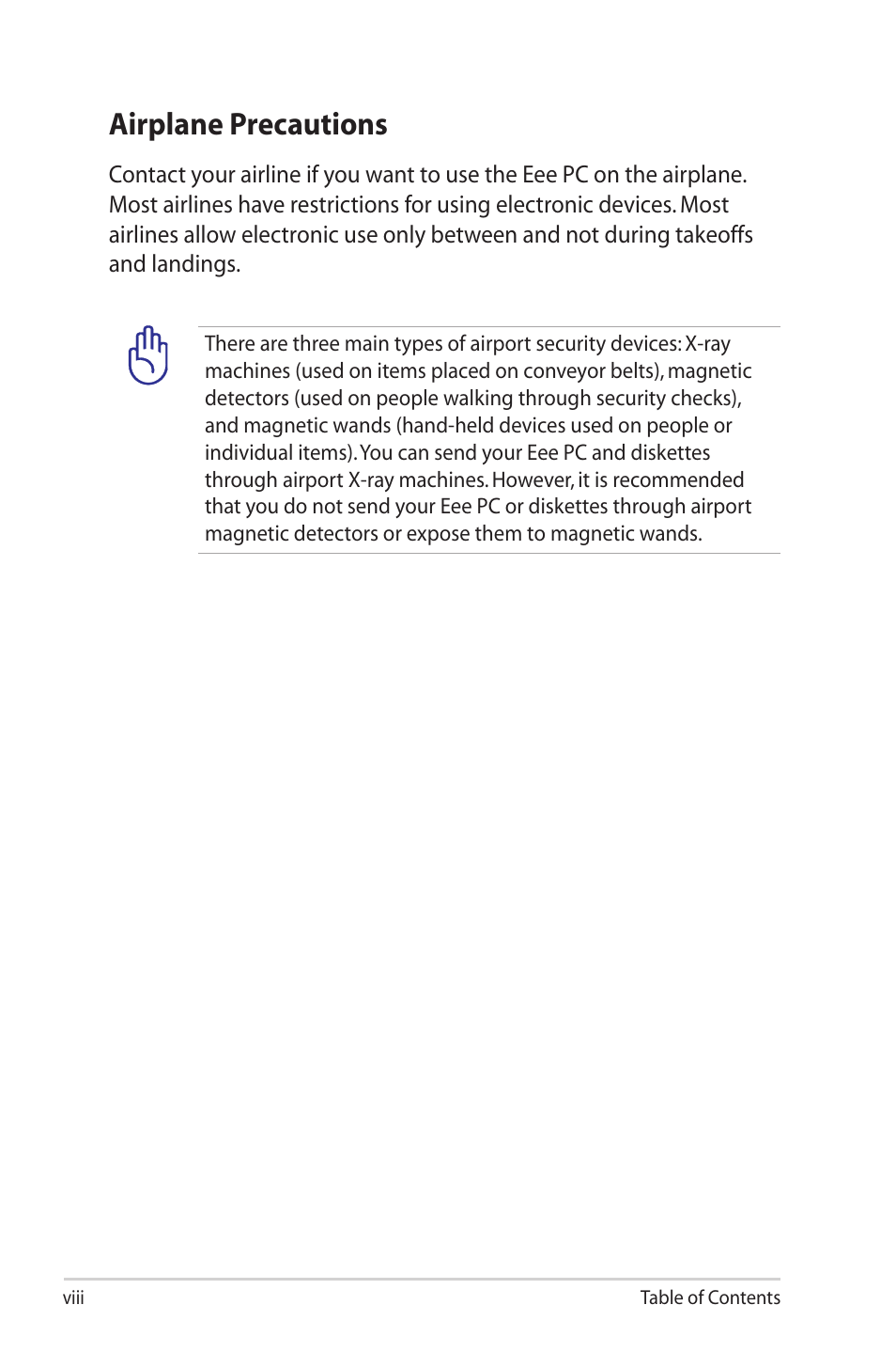 Airplane precautions | Asus Eee PC 1002HA/Linux User Manual | Page 8 / 80