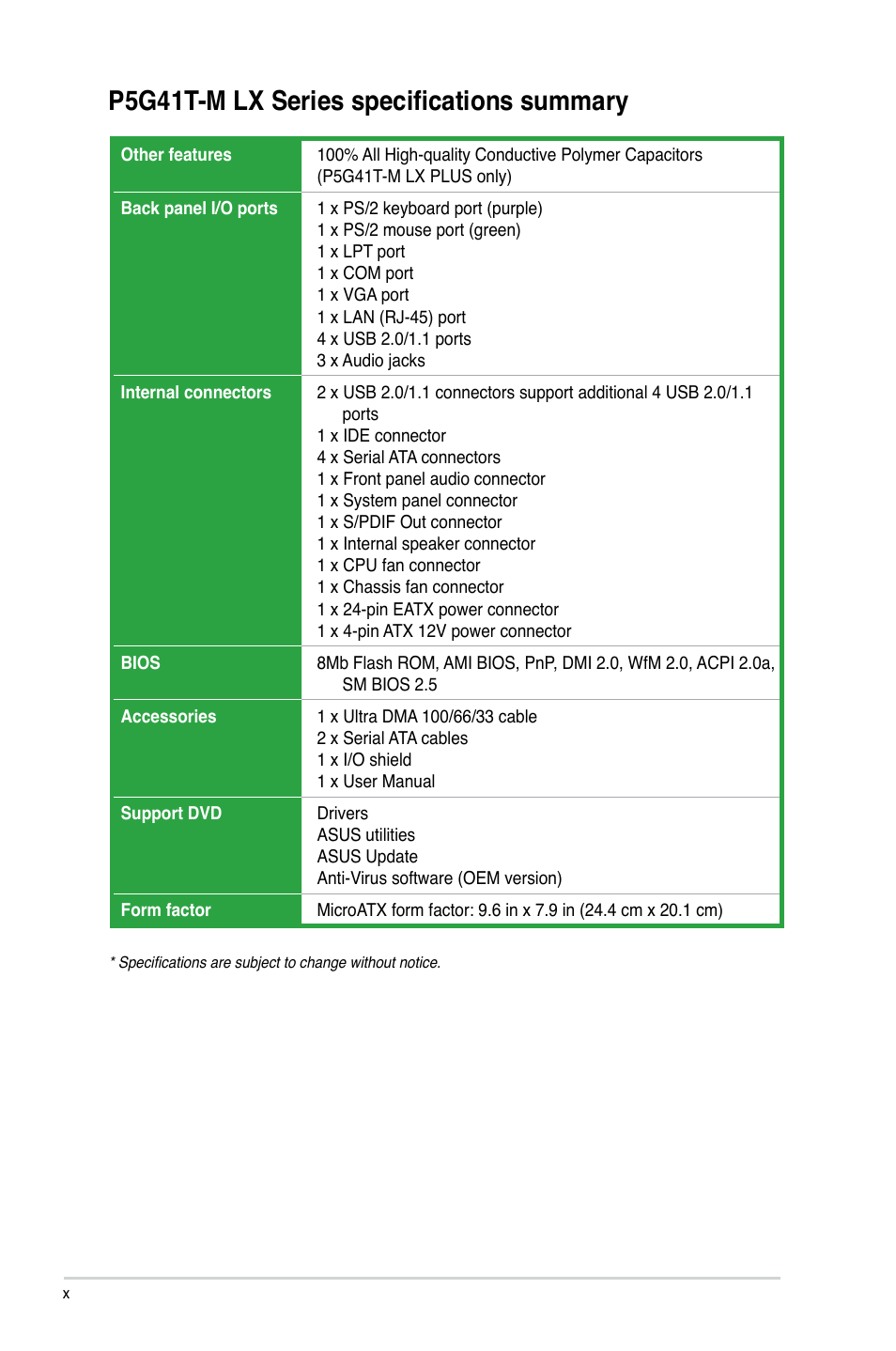 P5g41t-m lx series specifications summary | Asus P5G41T-M LX V2 User Manual | Page 10 / 62