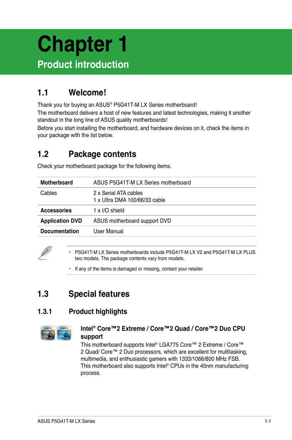 Chapter 1, Product introduction, 1 welcome | 2 package contents, 3 special features, 1 product highlights, Welcome! -1, Package contents -1, Special features -1 1.3.1, Product highlights -1 | Asus P5G41T-M LX V2 User Manual | Page 11 / 62