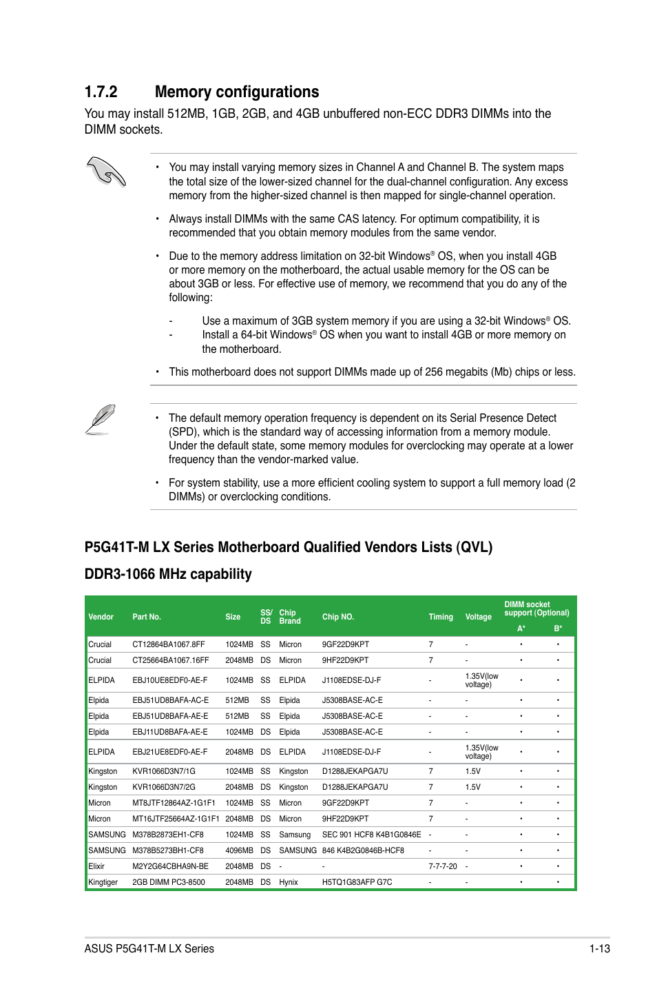 2 memory configurations, Memory configurations -13 | Asus P5G41T-M LX V2 User Manual | Page 23 / 62