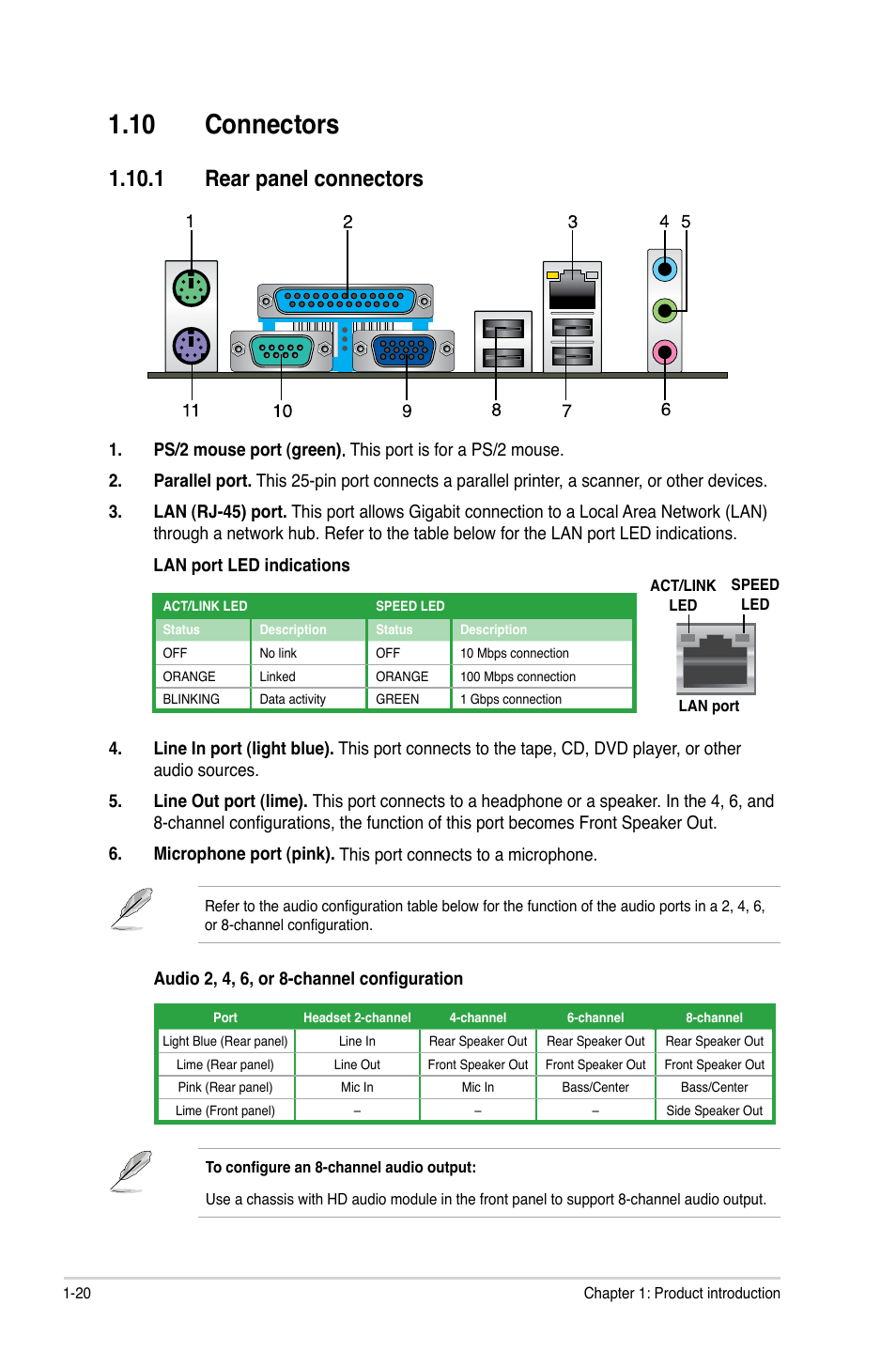 10 connectors, 1 rear panel connectors, 10 connectors -20 | 1 rear panel connectors -20 | Asus P5G41T-M LX V2 User Manual | Page 30 / 62