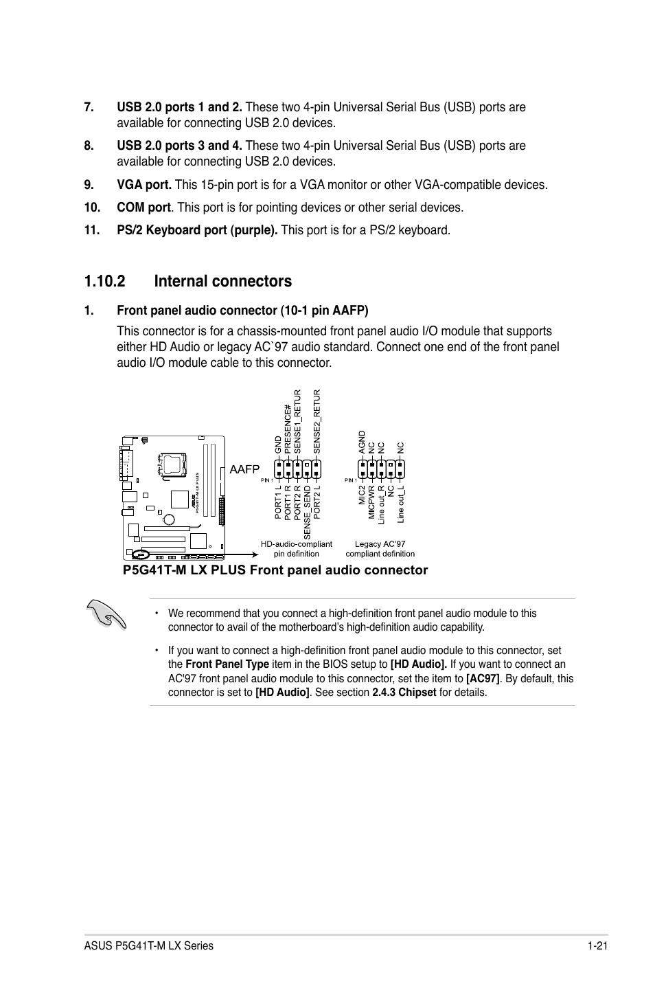 2 internal connectors, 2 internal connectors -21 | Asus P5G41T-M LX V2 User Manual | Page 31 / 62