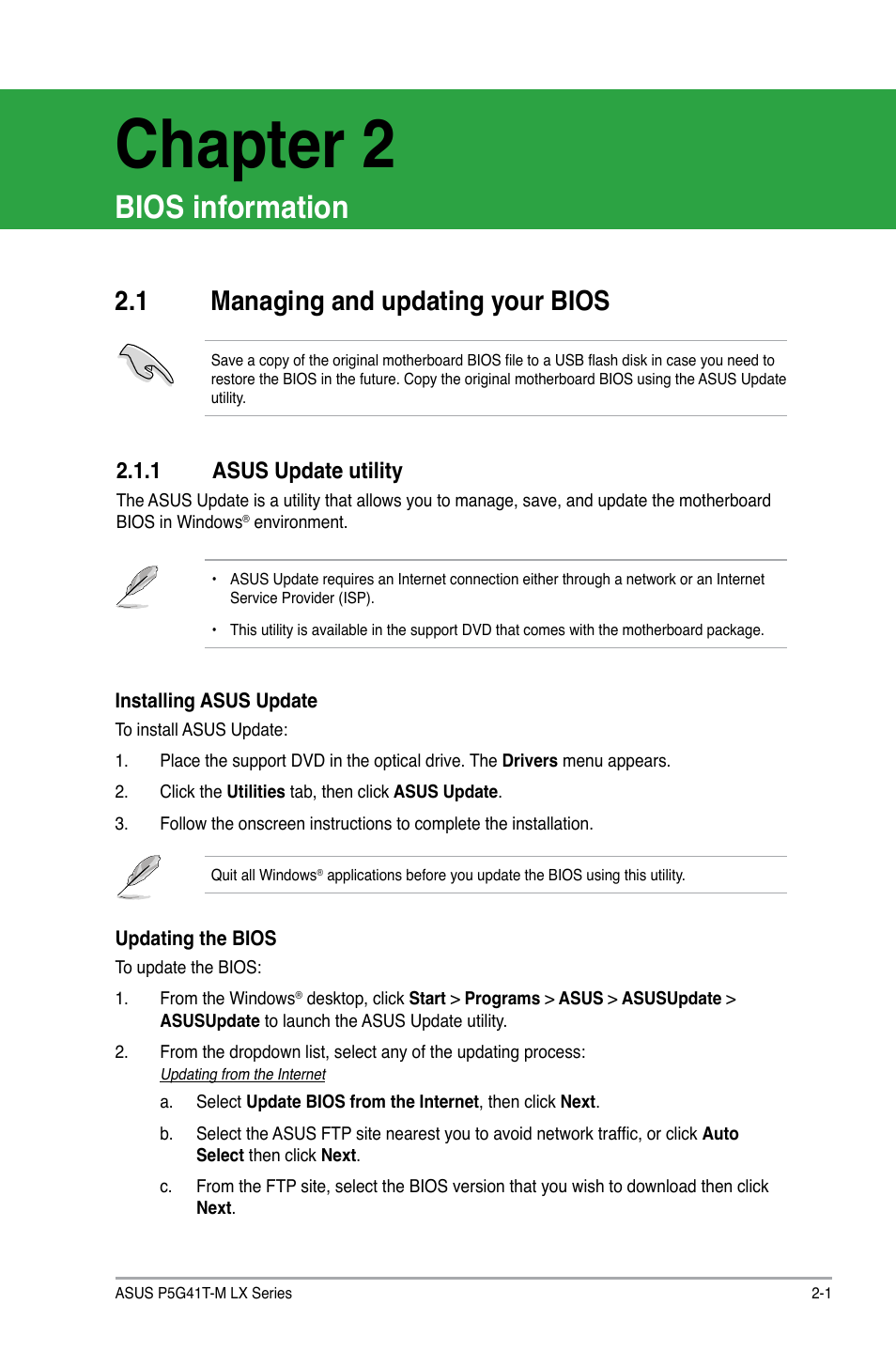 Chapter 2, Bios information, 1 managing and updating your bios | 1 asus update utility, Managing and updating your bios -1 2.1.1, Asus update utility -1 | Asus P5G41T-M LX V2 User Manual | Page 39 / 62