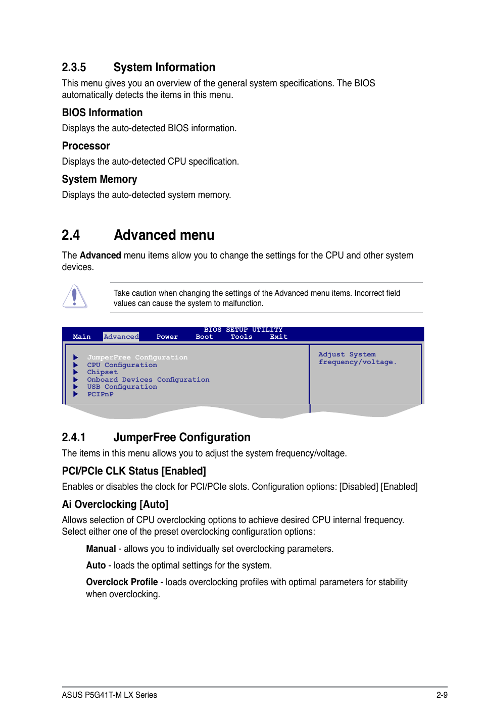 5 system information, 4 advanced menu, 1 jumperfree configuration | System information -9, Advanced menu -9 2.4.1, Jumperfree configuration -9 | Asus P5G41T-M LX V2 User Manual | Page 47 / 62