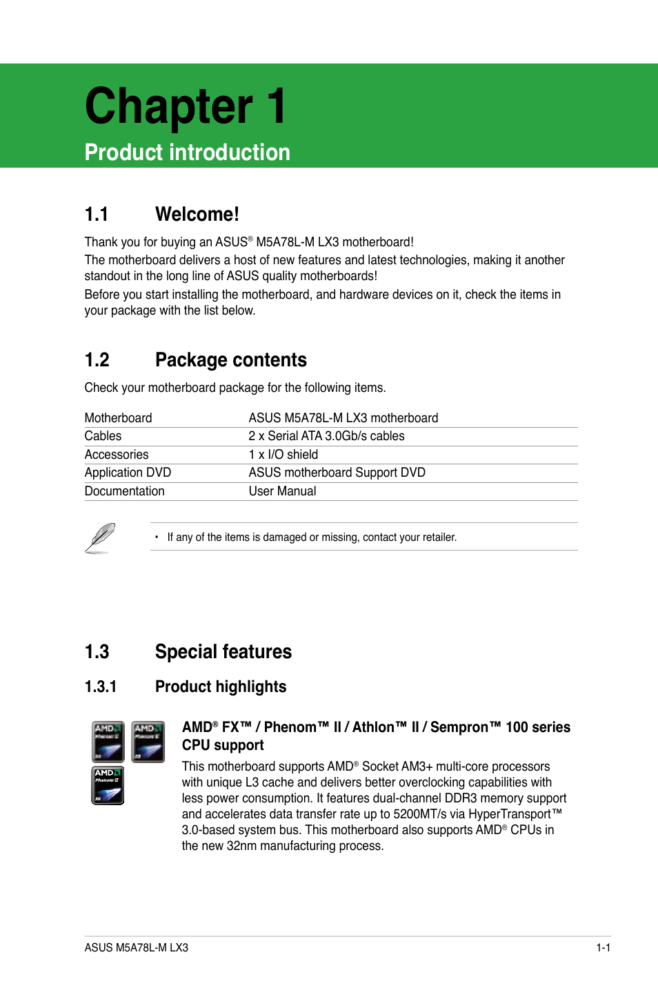 Chapter 1, Product introduction, 2 package contents | 3 special features, 1 welcome | Asus M5A78L-M LX3 User Manual | Page 11 / 62