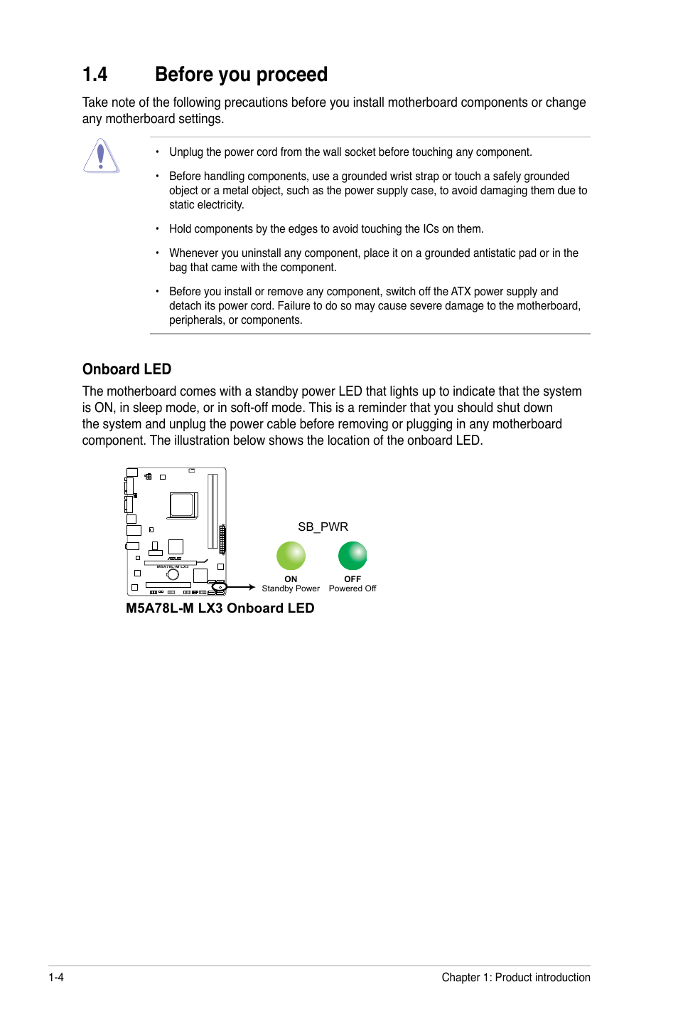 4 before you proceed, Onboard led | Asus M5A78L-M LX3 User Manual | Page 14 / 62