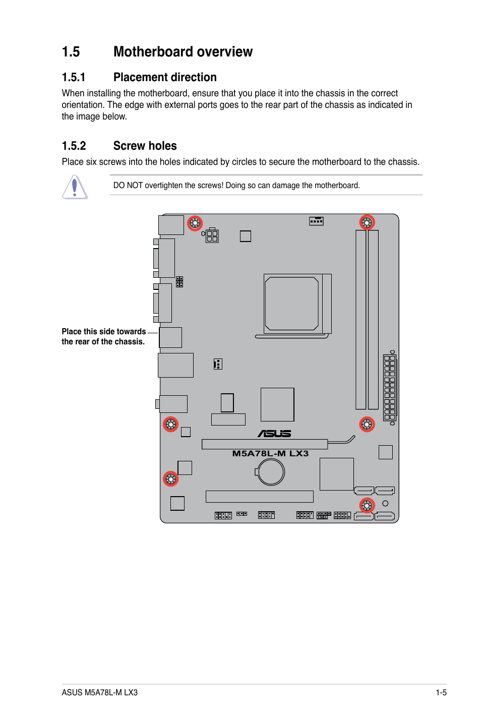 5 motherboard overview, 1 placement direction, 2 screw holes | Asus M5A78L-M LX3 User Manual | Page 15 / 62