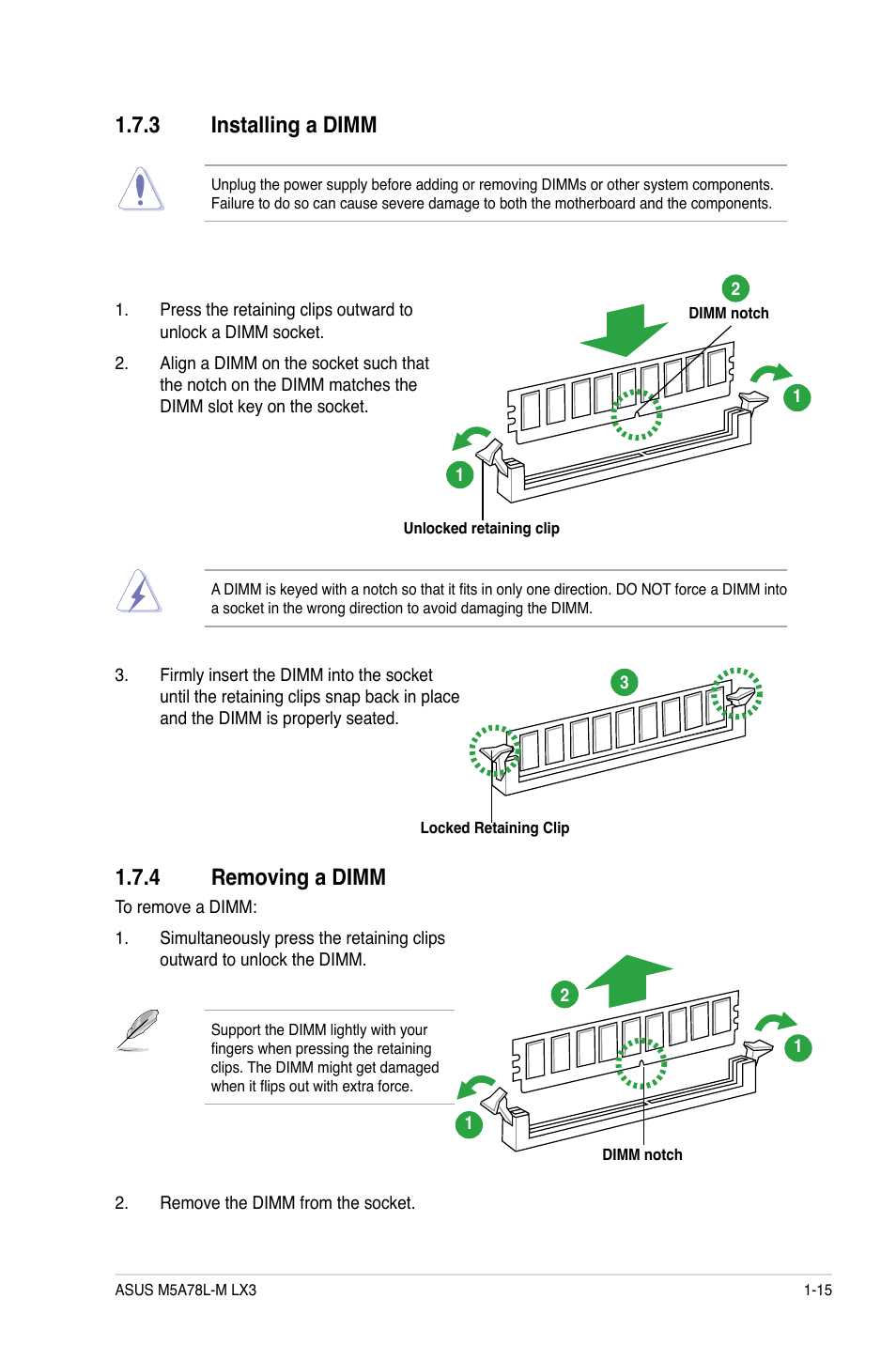 3 installing a dimm, 4 removing a dimm | Asus M5A78L-M LX3 User Manual | Page 25 / 62