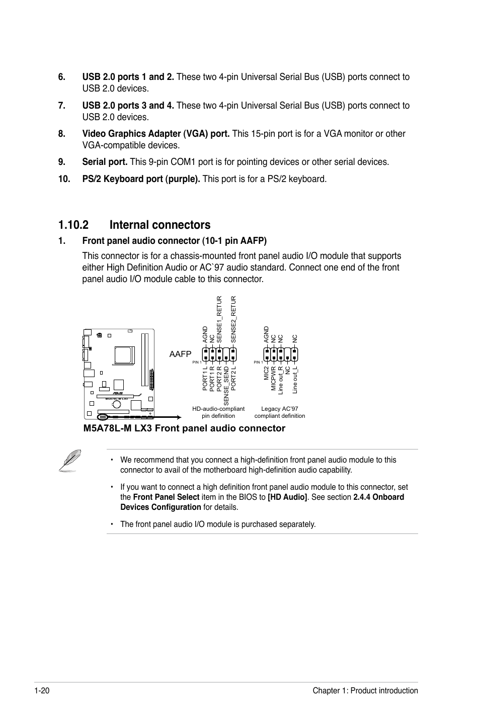 2 internal connectors, M5a78l-m lx3 front panel audio connector | Asus M5A78L-M LX3 User Manual | Page 30 / 62