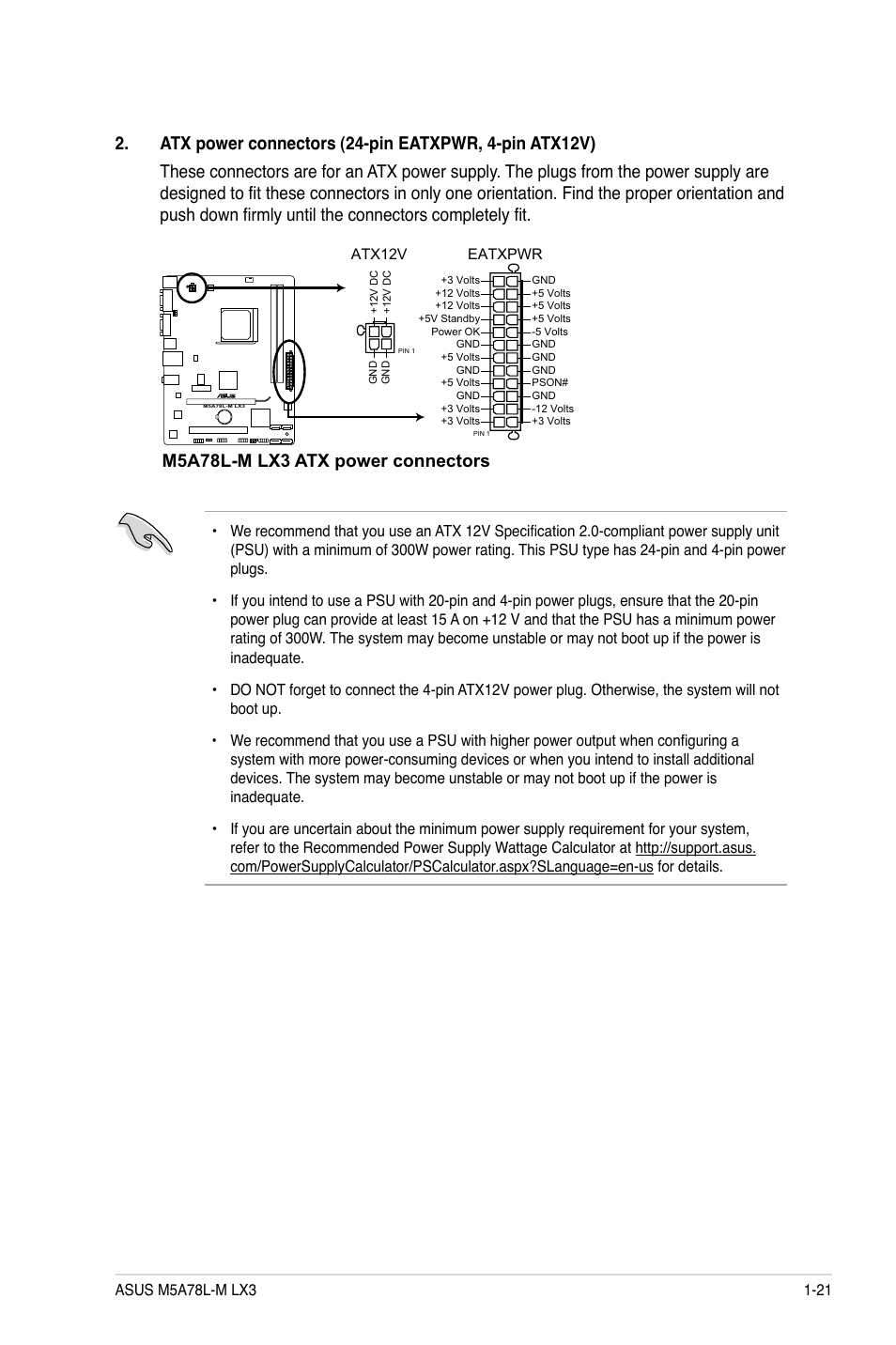 M5a78l-m lx3 atx power connectors | Asus M5A78L-M LX3 User Manual | Page 31 / 62