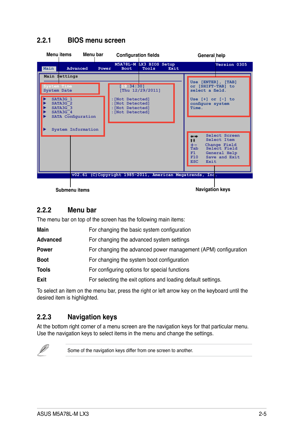1 bios menu screen 2.2.2 menu bar, 3 navigation keys | Asus M5A78L-M LX3 User Manual | Page 41 / 62