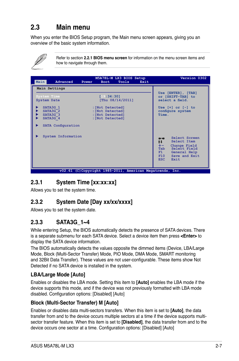 3 main menu, 1 system time [xx:xx:xx, 3 sata3g_1~4 | Lba/large mode [auto, Block (multi-sector transfer) m [auto | Asus M5A78L-M LX3 User Manual | Page 43 / 62