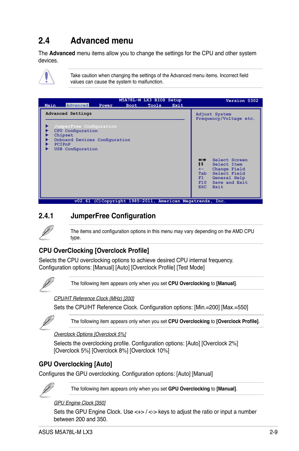 4 advanced menu, 1 jumperfree configuration, Gpu overclocking [auto | Cpu overclocking [overclock profile | Asus M5A78L-M LX3 User Manual | Page 45 / 62