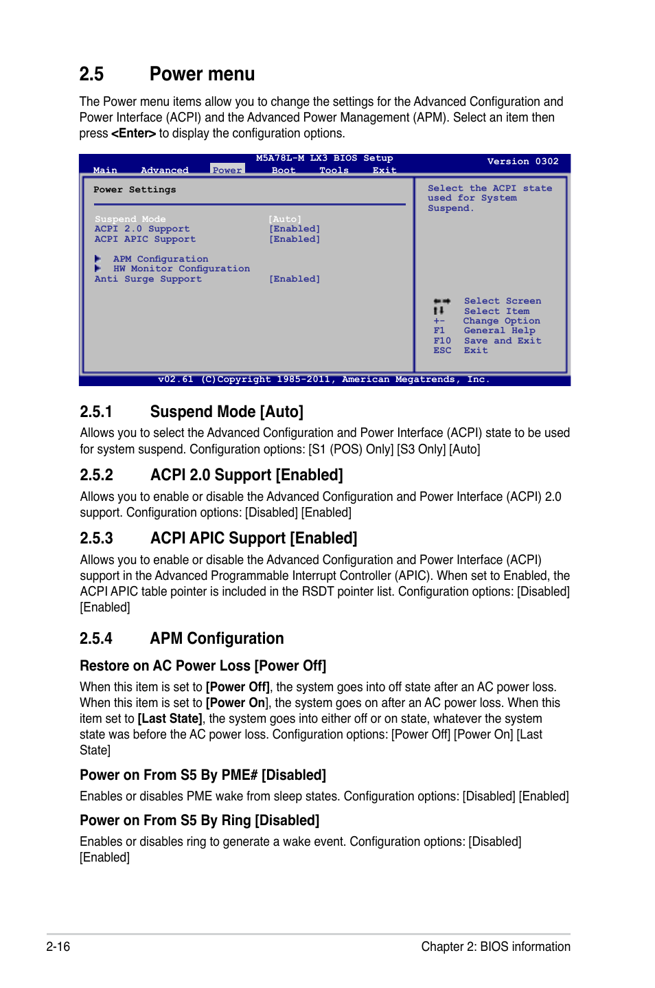 5 power menu, 1 suspend mode [auto, 2 acpi 2.0 support [enabled | 3 acpi apic support [enabled, 4 apm configuration | Asus M5A78L-M LX3 User Manual | Page 52 / 62
