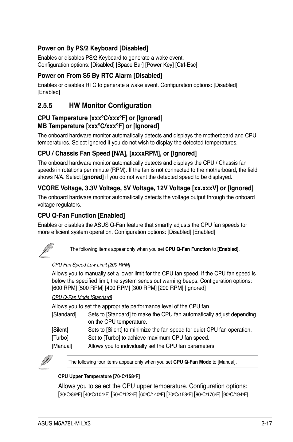5 hw monitor configuration, Cpu q-fan function [enabled, Power on by ps/2 keyboard [disabled | Power on from s5 by rtc alarm [disabled | Asus M5A78L-M LX3 User Manual | Page 53 / 62