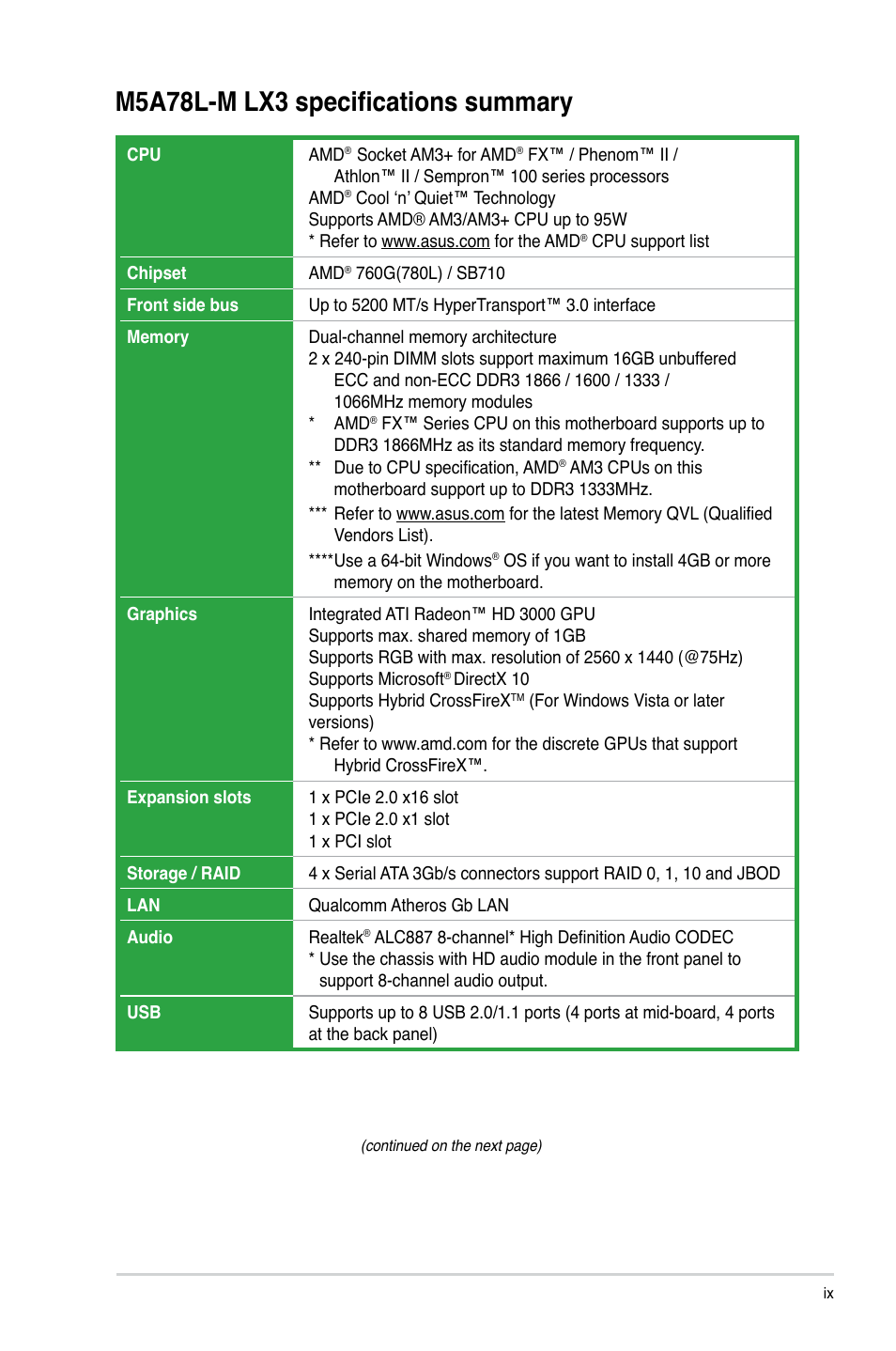M5a78l-m lx3 specifications summary | Asus M5A78L-M LX3 User Manual | Page 9 / 62