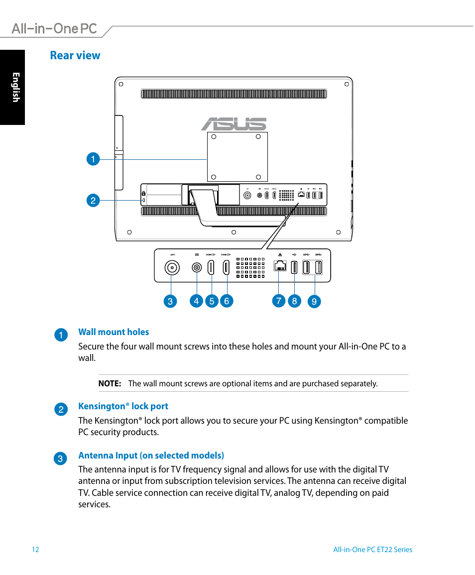 Rear view | Asus ET2221AUTR User Manual | Page 12 / 56