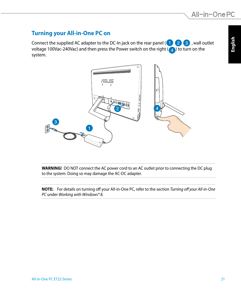 Turning your all-in-one pc on | Asus ET2221AUTR User Manual | Page 21 / 56
