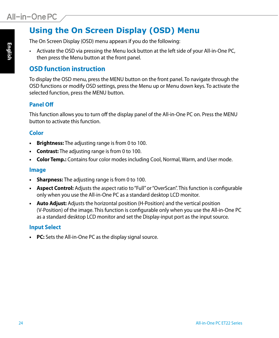 Using the on screen display (osd) menu, Osd function instruction | Asus ET2221AUTR User Manual | Page 24 / 56