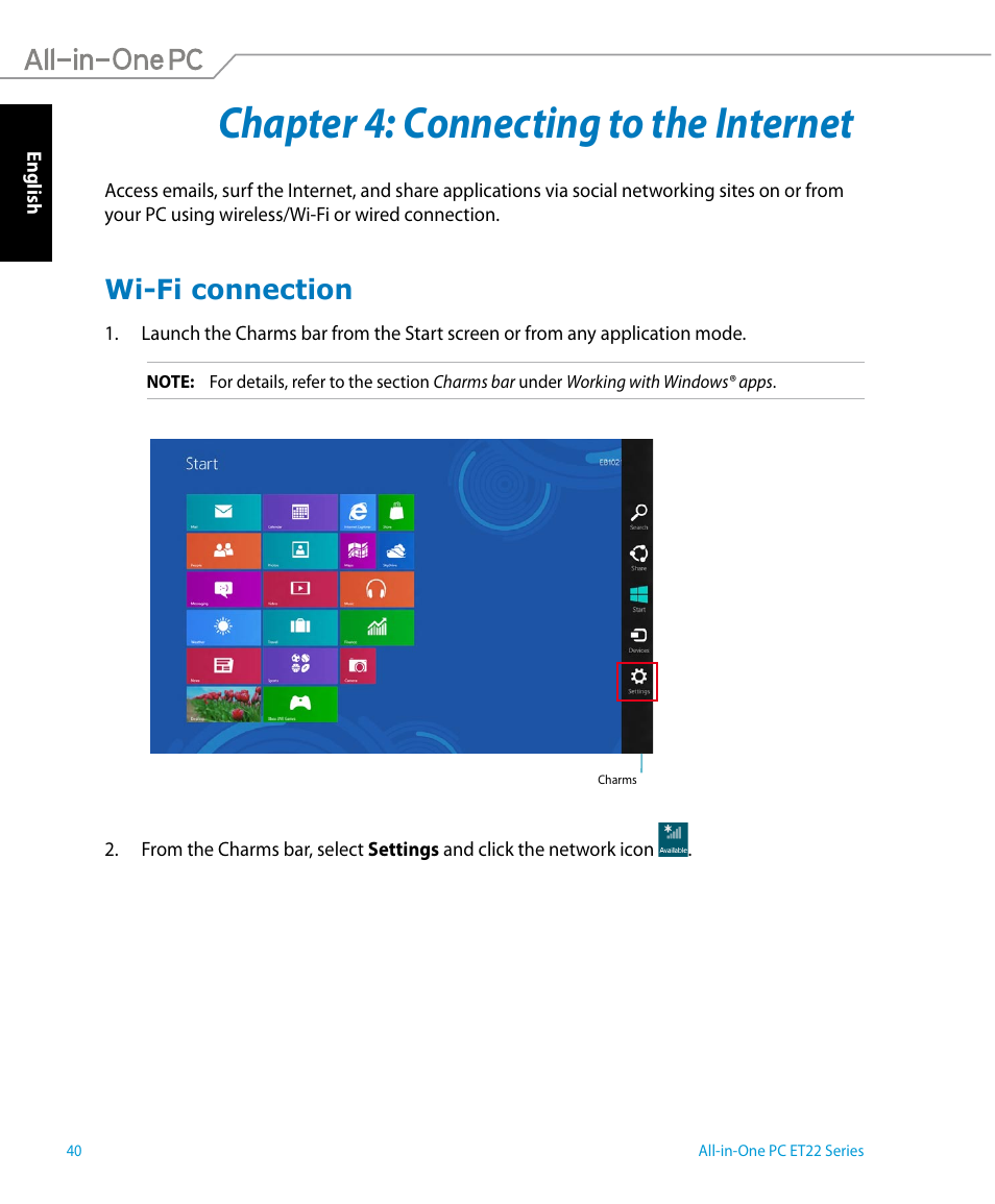 Chapter 4: connecting to the internet, Wi-fi connection | Asus ET2221AUTR User Manual | Page 40 / 56