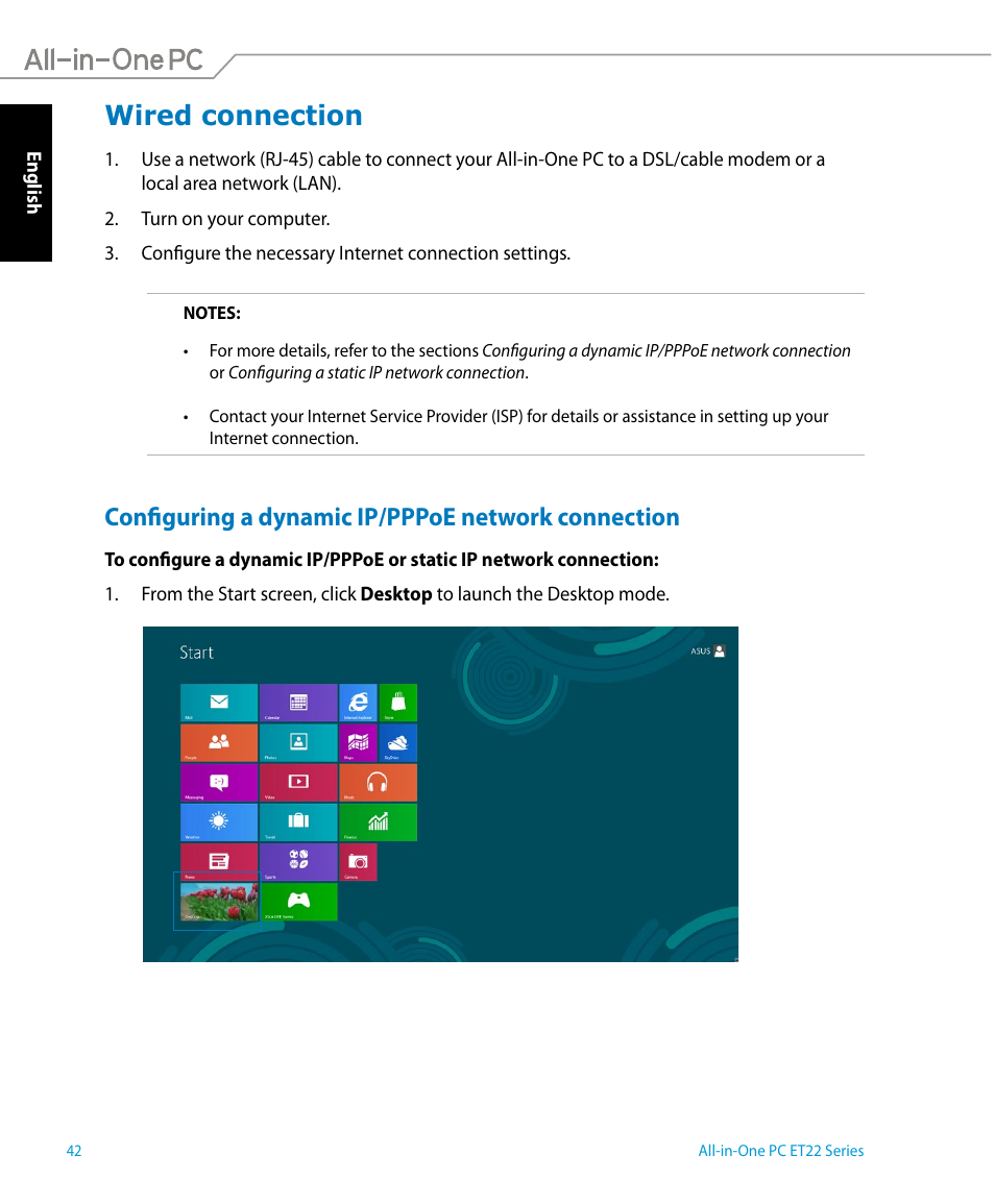 Wired connection, Configuring a dynamic ip/pppoe network connection | Asus ET2221AUTR User Manual | Page 42 / 56