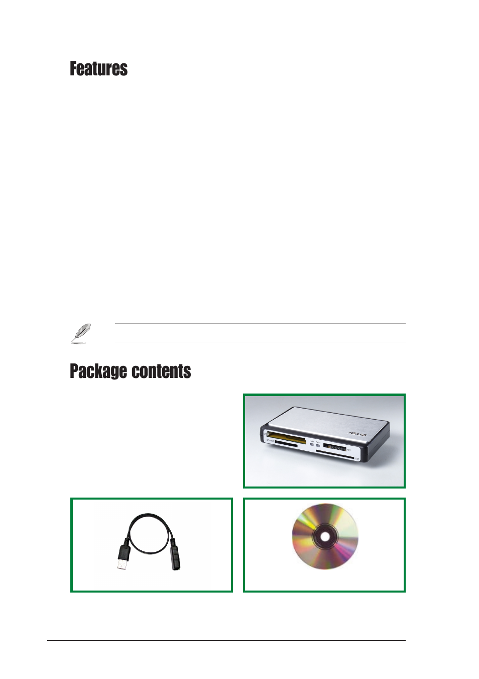 Package contents, Features | Asus Reader Pro User Manual | Page 4 / 14