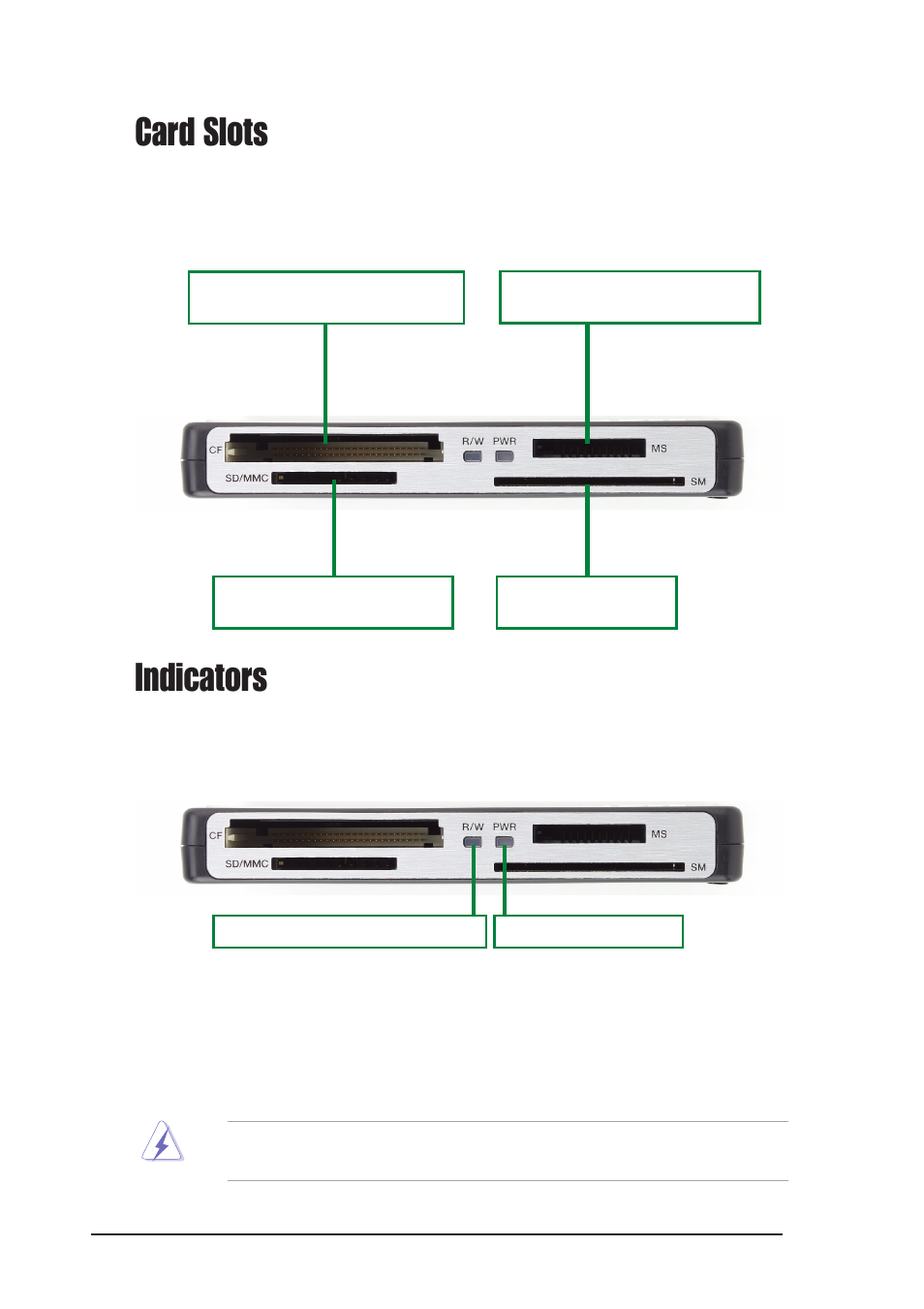 Card slots, Indicators, 6asus reader pro | Asus Reader Pro User Manual | Page 6 / 14
