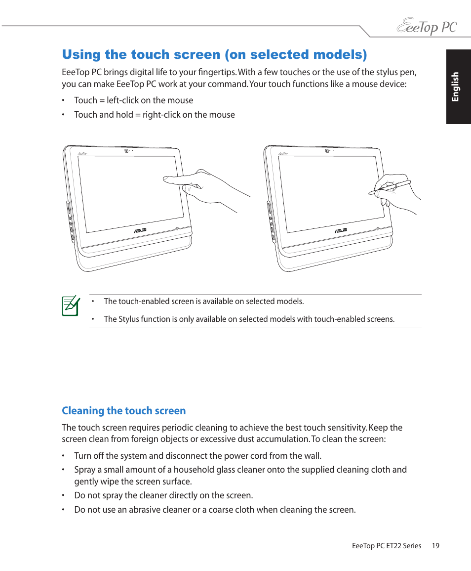 Using the touch screen (on selected models), Cleaning the touch screen | Asus ET2203T User Manual | Page 19 / 54