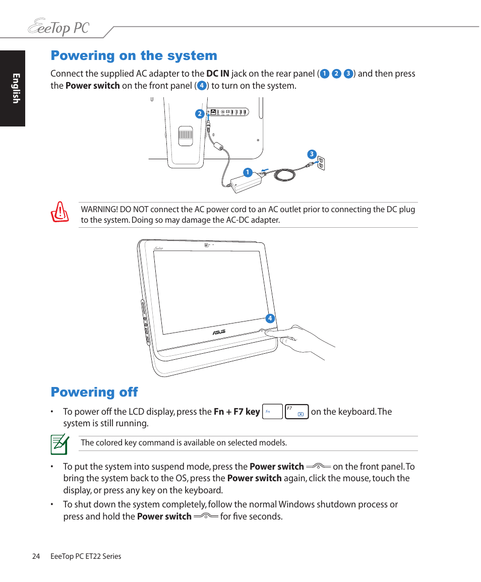 Powering on the system, Powering off, Powering on the system powering off | Asus ET2203T User Manual | Page 24 / 54