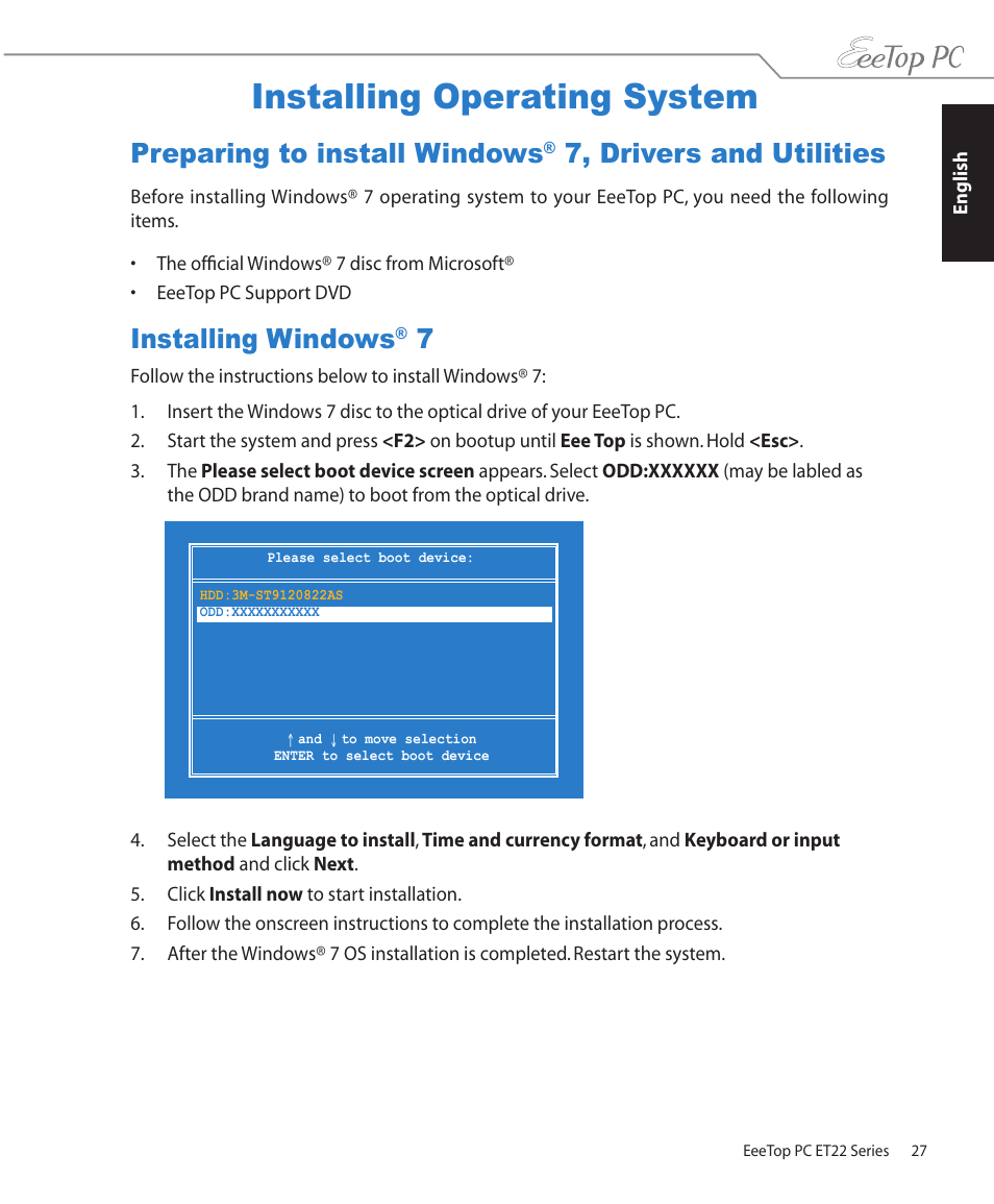 Installing operating system, Installing windows® 7, Preparing to install windows | 7, drivers and utilities, Installing windows | Asus ET2203T User Manual | Page 27 / 54