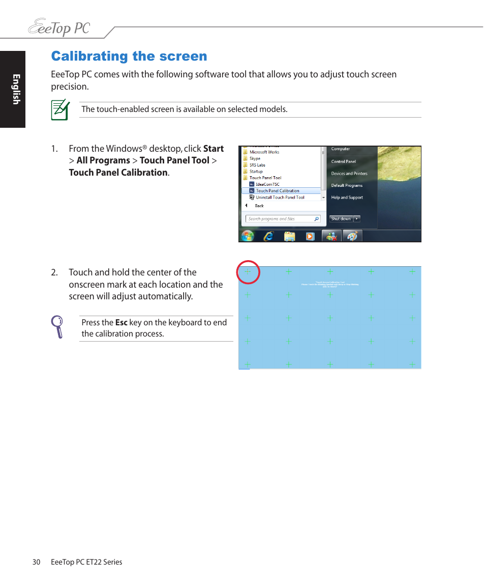 Calibrating the screen | Asus ET2203T User Manual | Page 30 / 54