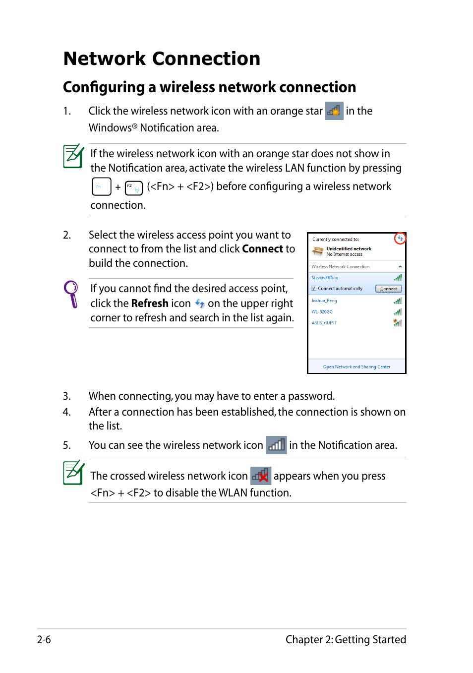 Network connection, Configuring a wireless network connection, Network connection -6 | Configuring a wireless network connection -6 | Asus Eee PC R051CX User Manual | Page 28 / 66