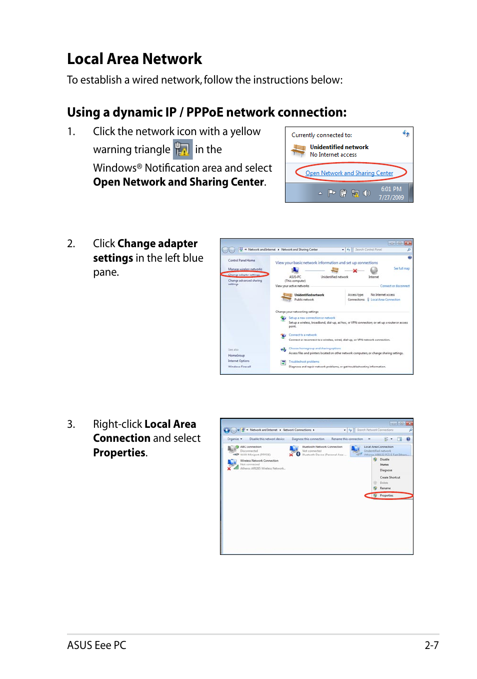 Local area network, Local area network -7 | Asus Eee PC R051CX User Manual | Page 29 / 66