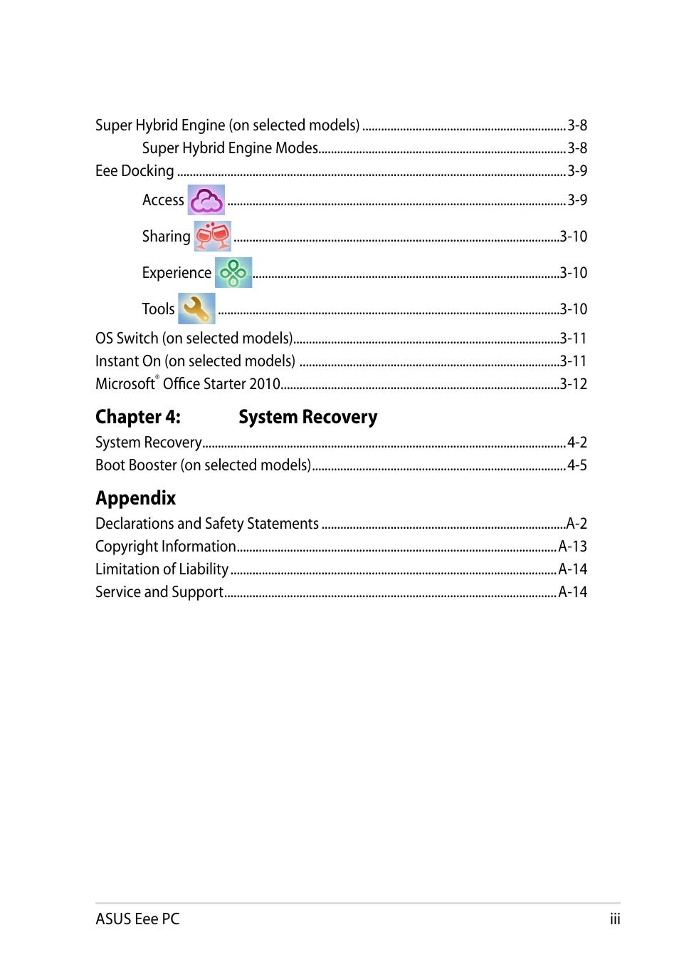 Chapter 4: system recovery, Appendix | Asus Eee PC R051CX User Manual | Page 3 / 66