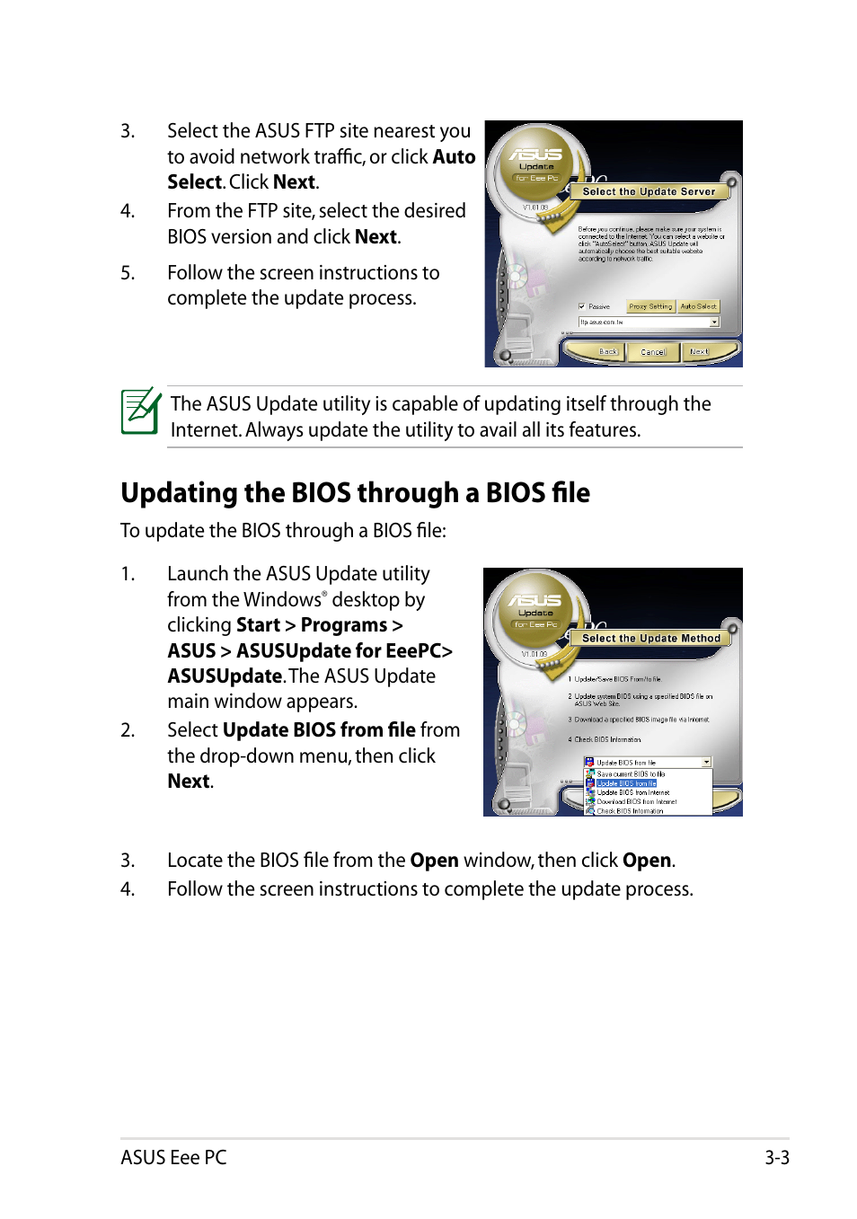 Updating the bios through a bios file, Updating the bios through a bios file -3 | Asus Eee PC R051CX User Manual | Page 35 / 66