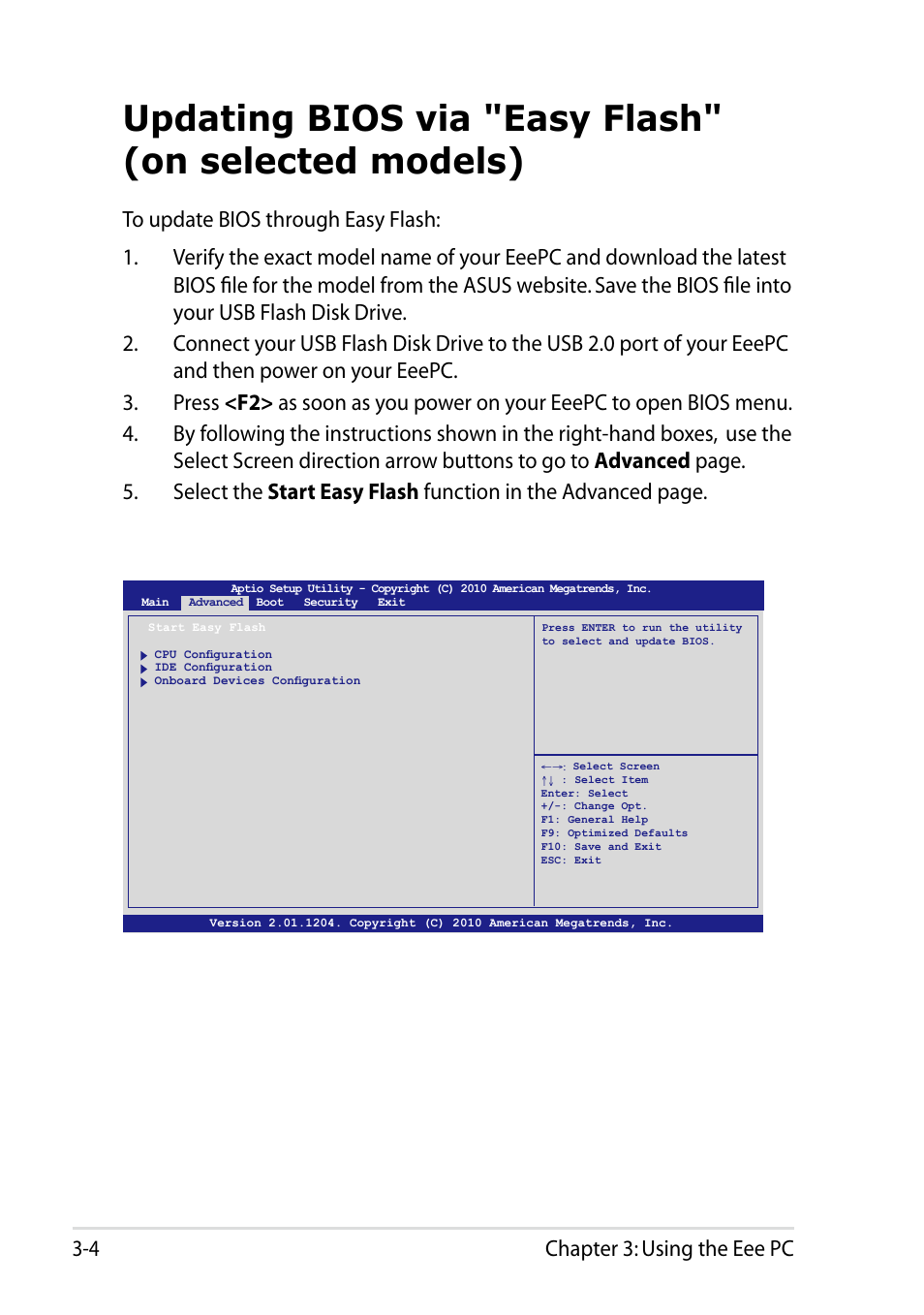 Updating bios via "easy flash"(on selected models), Chapter 3: using the eee pc 3-4 | Asus Eee PC R051CX User Manual | Page 36 / 66