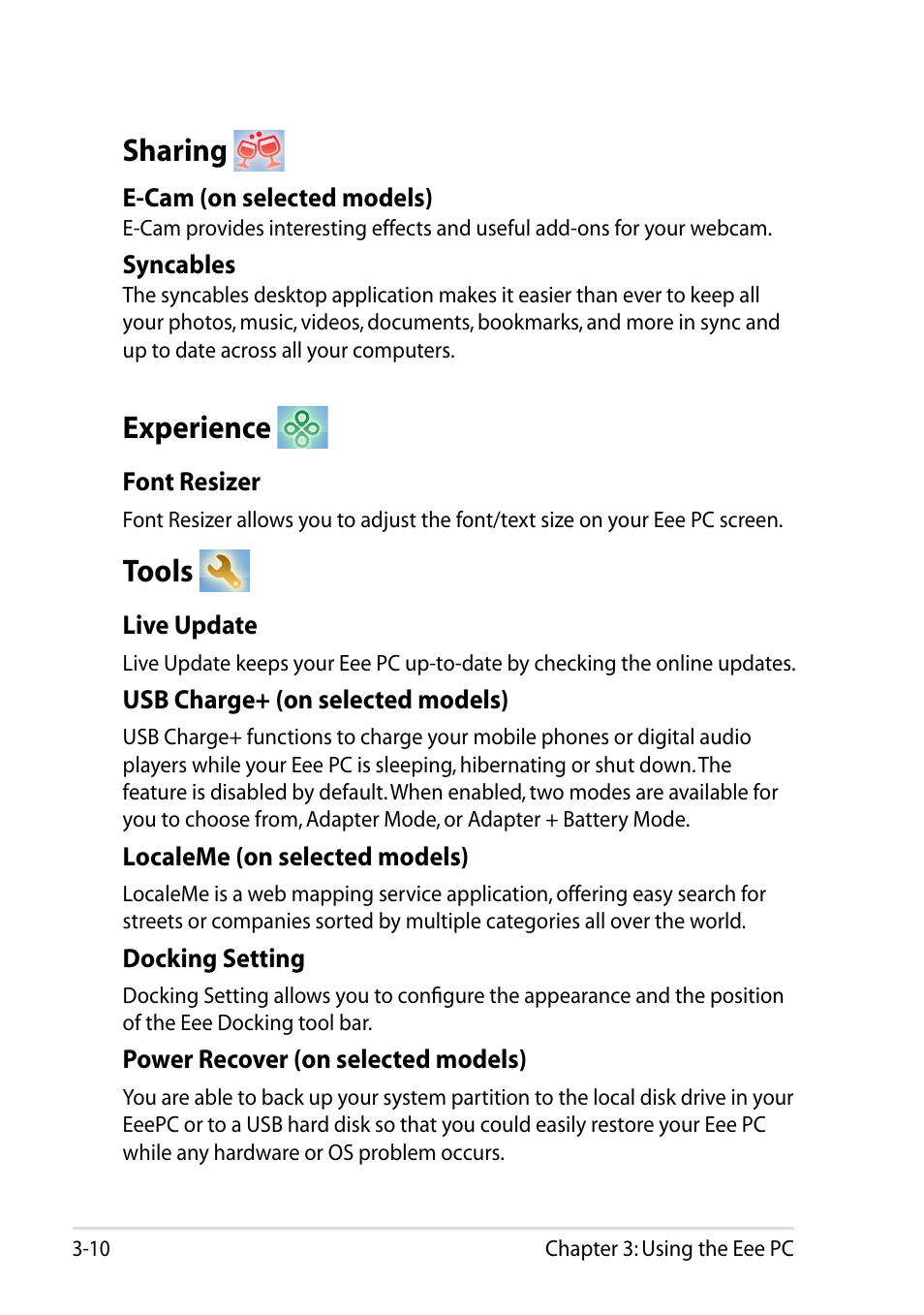 Sharing, Experience, Tools | Asus Eee PC R051CX User Manual | Page 42 / 66