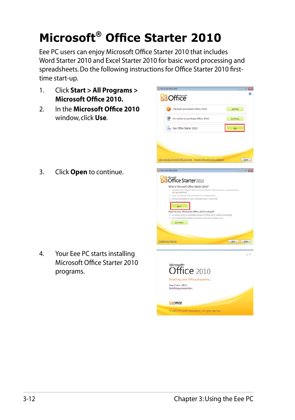 Microsoft® office starter 2010, Microsoft, Office starter 2010 -12 | Office starter 2010 | Asus Eee PC R051CX User Manual | Page 44 / 66