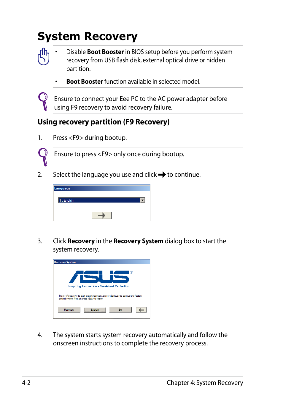 System recovery, System recovery -2 | Asus Eee PC R051CX User Manual | Page 48 / 66