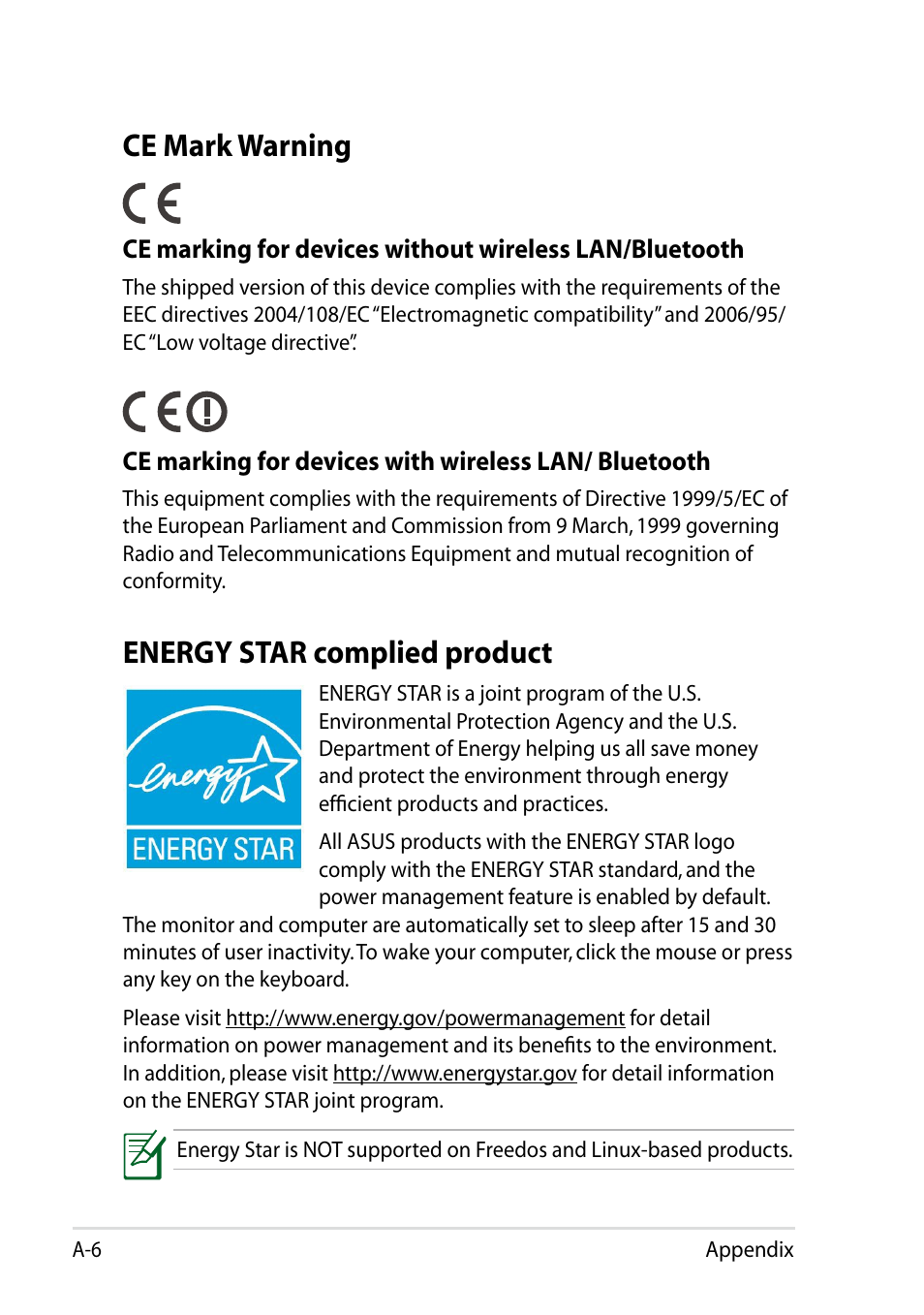 Ce mark warning, Energy star complied product | Asus Eee PC R051CX User Manual | Page 58 / 66