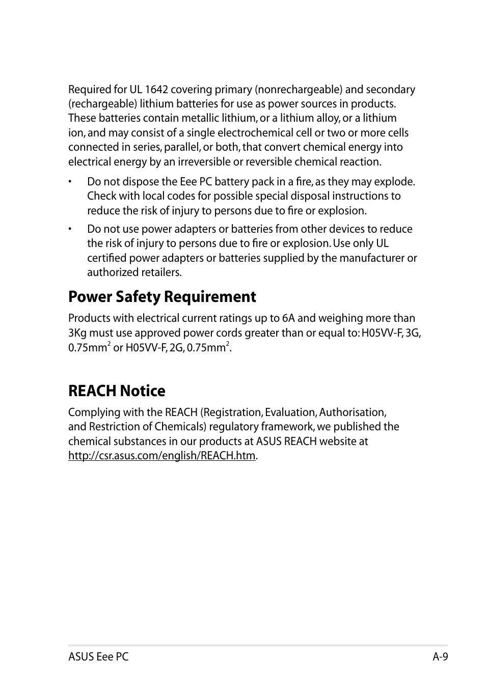 Power safety requirement, Reach notice | Asus Eee PC R051CX User Manual | Page 61 / 66